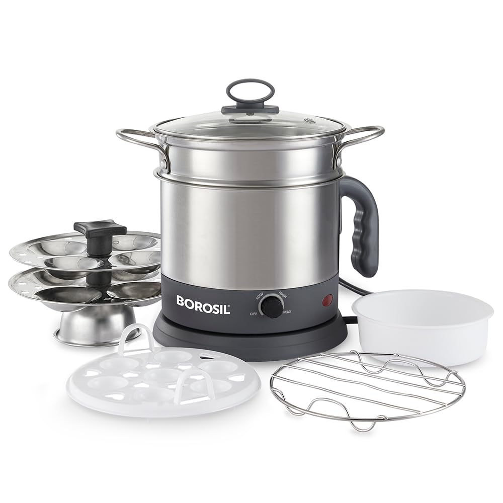 Borosil 1.3L Quick Made in India Electric Steel Kettle with Steamer | Temperature Control Knob, Overheat Protection | For Boiling & Steaming Vegetables, Momo, Egg, Tea, Coffee | 1 Year Warranty 2