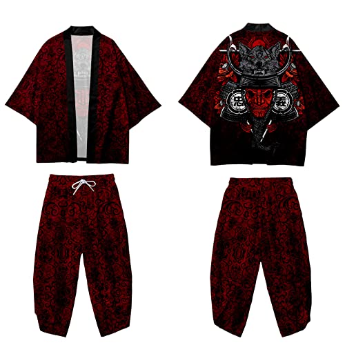 Image of DOSLAVIDA Men's Japanese Kimono Jacket Set Stylish Open Front Coat With Shorts Chinese Style Printed Cardigan Suit