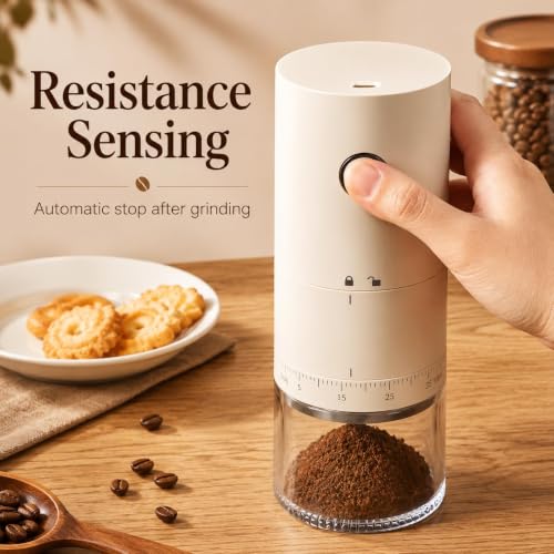Image of Ash & Roh Electric Coffee Grinder with 38 Adjustable Grind Settings, Rechargeable Ceramic Burr Coffee Bean Grinder for Espresso, French Press, Travel & Home Use (Cream)