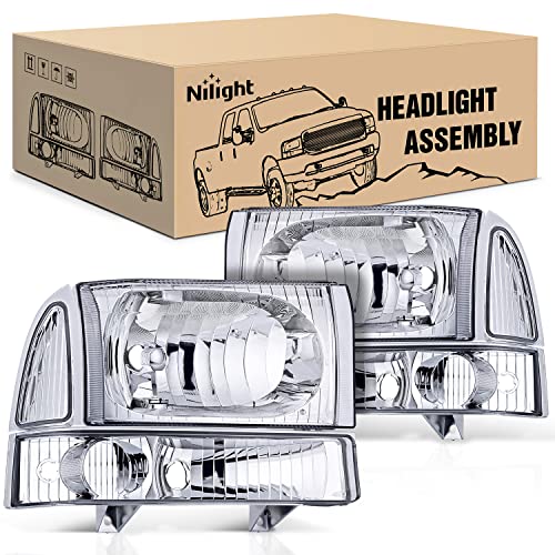Nilight Headlight Assembly 1999 2000 2001 2002 2003 2004 F250 F350 F450 F550 Super Duty Headlights Assembly Replacement Chrome Housing Clear Corner Clear Lens 4 Pack