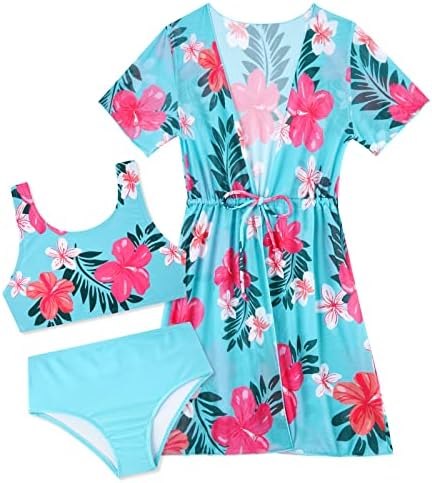 Girls Swimsuit Size 7 8 Flowers Print Bikini Bathing Suit 3 Piece Swimwear Cover Up Sets for Kids Daughter Granddaughter 7-8 Years