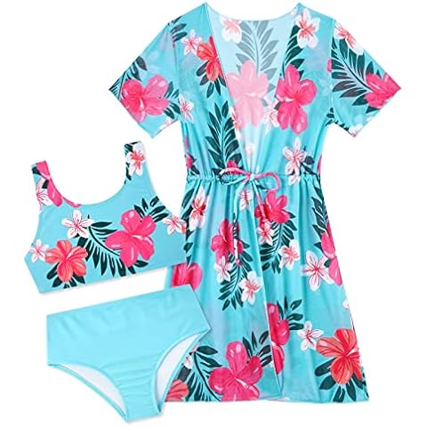 Enlifety Girls Bathing Suit Size 9 10 Tropical Flower Swimwear 3 Piece Bikini Swimsuit with Matching Cover Up for Kids Granddaughter Daughter 9-10 Years Cover
