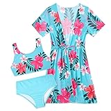 Enlifety Big Kid, Girls Swimsuit Size 11 12 Flowers Print Bathing Suit 3 Piece Tropical Bikini Set with Kimono Cover Up 11 12 Years Old