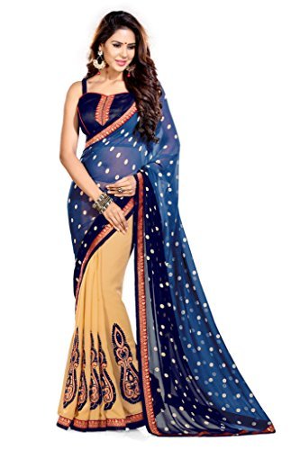 SOURBH Women's Georgette & Chiffon Dots Prints Half N Half Embroidered Patch Work Saree With Blouse Fabric