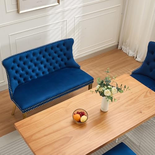 Image of 45.6''Velvet Dining Bench, Button Tufted Upholstered Dining Table Bench with Wing Highback, Nailhead Decoration, Small Loveseat Sofa with Gold-Plated Steel Legs, Mid Century Modern Seating, Blue