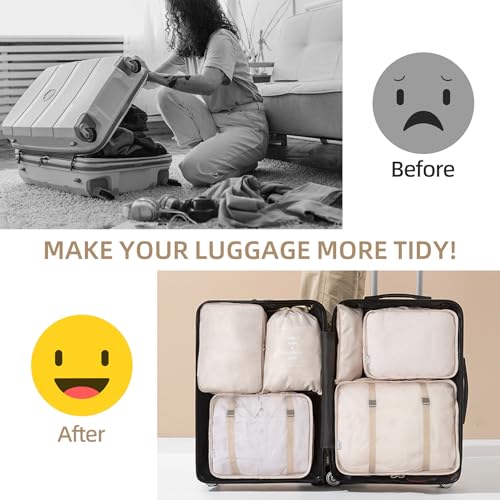 12Pcs Packing Travel Cubes for Suitcase Luggage Organizers with 5 Drawstring Bags,Suitcase Organiser Bag with Waterproof Shoe Storage Bag Compression Pouches Beige - Image 6