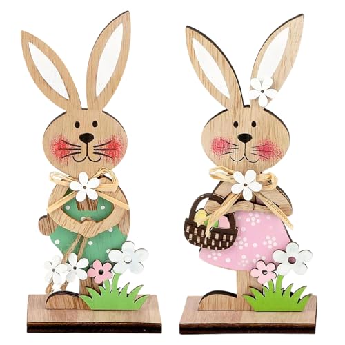 HERZWILD Lot de 2 lapins de Pâques en bois - Décoration de Pâques - Pour Pâques - Décoration de jardin - Lapin de Pâques - Décoration en bois (C-2 pièces)