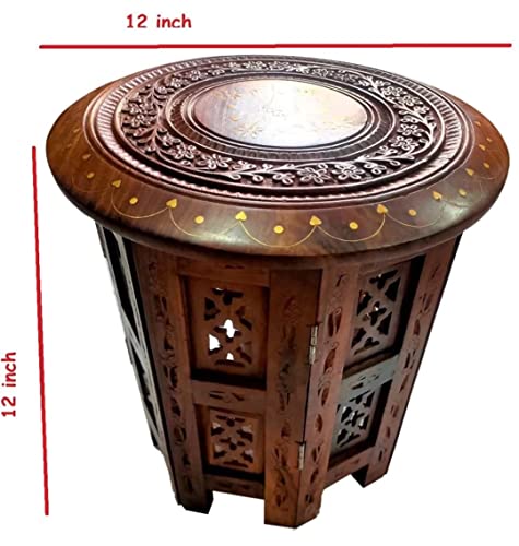 Image of Wood Polished And Furnished End Table /Stool With Antique Polish Multipurpose Coffee Stand Table (Octa Legged, 12 Inches)