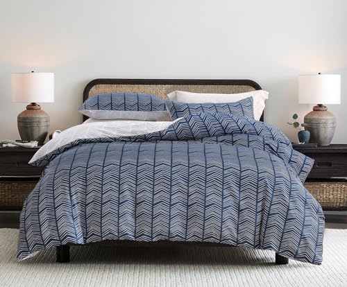 Image of SLEEPBELLA Navy and White Duvet Cover Set, 100% Cotton Bedding, Chevron Geometric Pattern, with Button Closure (3pcs, Twin Size)
