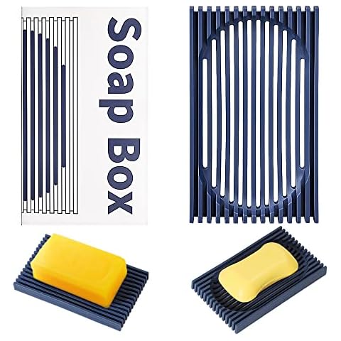 Silicone Soap Dish Holder Drainer for Bathroom Shower Kitchen, Draining Soap Bar Tray Sink Soap Saver Storage Case, Resin Soap Dish with Drainage Flexible Anti-Slip Easy Cleaning Rectangular (Blue) Cover