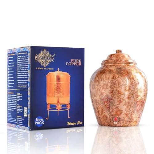 Image of Indian Art Villa Printed Leaf Design Copper Water Dispenser Pot Matka, Storage, Home Kitchen Garden, 13 LTR