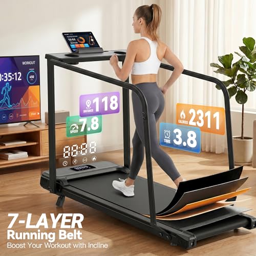Image of FUNMILY Incline Walking Pad Treadmill with Handle Bar, Folding Treadmills for Home Small, 3.5HP Portable Treadmill with Desk, 350 lbs Weight Capacity, Walking Pad with Remote Control and LED Display