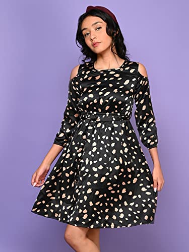 Image of LILPICKS Girls All Over Polka Printed Cold Shoulder Fit n Flare Dress (Black)