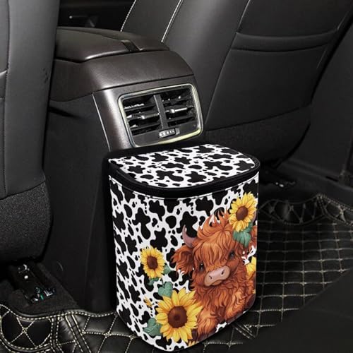 Image of KEIAHUAN Highland Cow Sunflower Foldable Car Trash Bag Hook Hanging Car Garbage Can Holder Leakproof Storage Organizer for Camping Car Interior Accessories