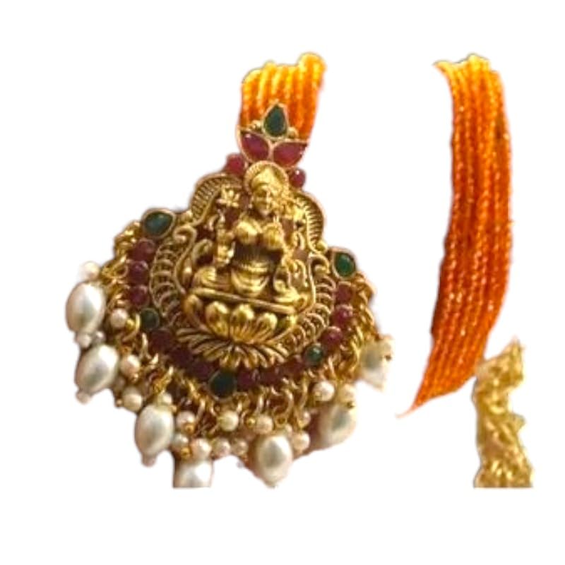NANDANA COLLECTIONSGlittering short Temple Jewellery 3D White Lakshmi Stone Pendant GoodQuality Orange 3 Line HYDRO Crystal Chain Adjustable size festival wear