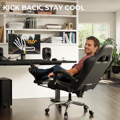 Image of Dowinx Gaming Chair with Footrest, 330lbs Computer Chair 2D Lift Linkage Armrest, Massage Lumbar, Height Adjustable Ergonomic Comfy Video Game Chairs for Home Office Streaming, Long Gaming, Black