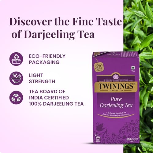 Image of Twinings Darjeeling Tea, 25 Teabags | Pack of 1 | Premium Black Tea| Light Strength| From Darjeeling's Finest Estates| Light & Delicate Flavour| Handpicked Leaves| Enjoy a Hot Cup of Tea