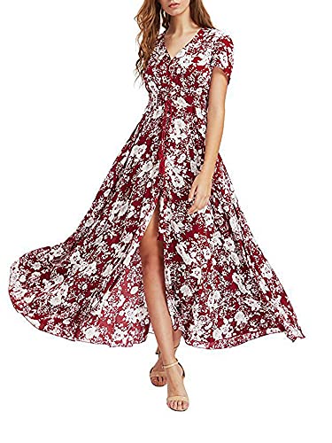 Lerrita Robes d'été pour Femmes Robes mi-Longues à Manches Courtes Col en V Robes bohèmes Robes d'été décontractées à Fleurs Robes de Plage à Fleurs Robes de Vacances Cover