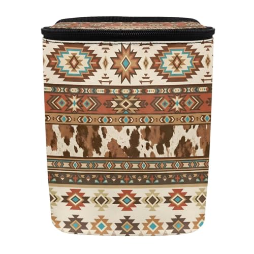 Image of Talayituse Aztec Tribe Brown Cow Print Car Trash Can with Lid, Leak Proof Auto Trash Bag Hanging Vehicle Garbage Can Multipurpose Storage Container for Back Seat Road Trip