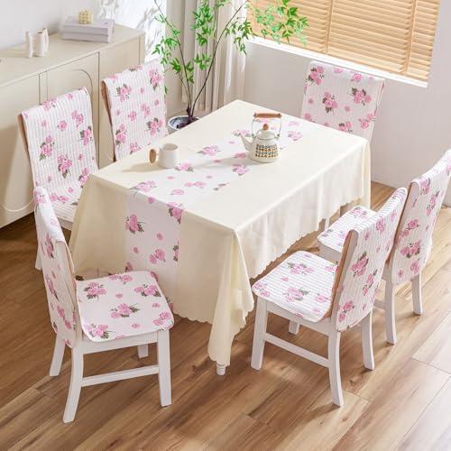 Image of HOMETHREADS Floral Cotton Chair Cover Set | Soft & Comfortable Seat Covers with Anti-Skid Non-Slip Backing + Waterproof Dining Table Cover (150x240 cm) White Pink, 8 Chair Covers + 1 Table Cover