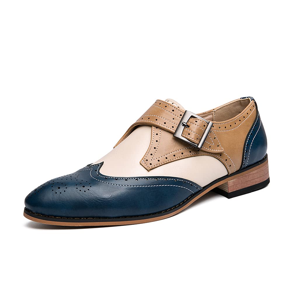 HuitJoursMen Oxford Dress Shoes Multicolor Brogues Wing Tips Lace Up Patchwork Two Tone Color Matching Punched Round Toe