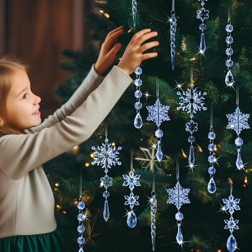 Image of GuassLee 36pcs Crystal Christmas Tree Ornaments - Blue Acrylic Snowflake Icicle Drop Crystal Hanging Ornaments for Christmas Tree Wonderland Frozen Themed Birthday Party Decor