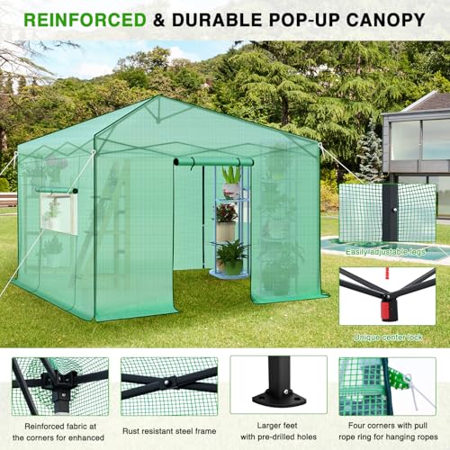 Yesker Greenhouse 10X10 FT Pop Up Greenhouses Tent Walk in Green House with Screen Windows Waterproof PE Cover Portable Large Greenhouse Kit for Outdoor Winter Gardening Backyard Patio Plant Outside
