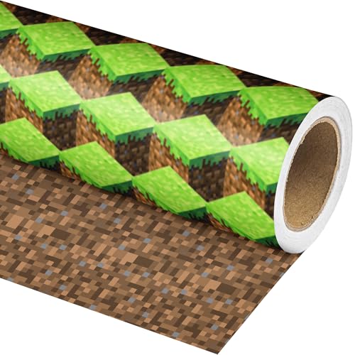 CHUCHUWA Reversible Pixel Miner Style Wrapping Paper for Boys Kids - Mini Roll - Video Game Gift Wrap for Birthday Party Game Lover DIY Craft - 17 In X 20 Ft (Total 28.5 sq.ft)