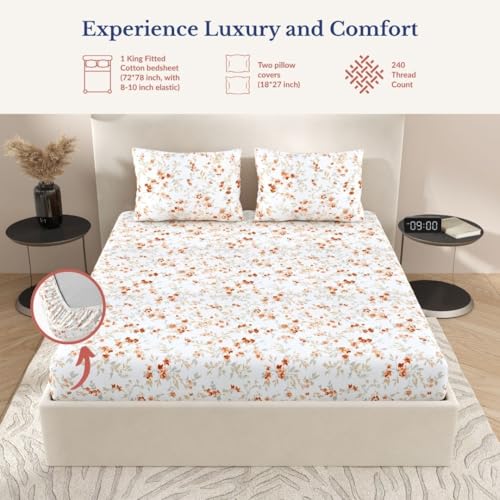 Image of Jaipur Weaves King Size Elastic Fitted Bedsheet, 100% Pure Cotton King Size Fitted Bedsheet for Double Bed with 2 Pillow Covers, 240 TC, 72x78 Inches up to 8-inch Mattress, Floral(Cherry Blossom)