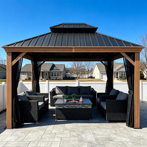 PURPLE LEAF 10' X 12' Outdoor Hardtop Gazebo for Patio Galvanized Steel Double Roof Permanent Canopy Teak Finish Coated Aluminum Frame Pavilion Gazebo with Netting - Image 3
