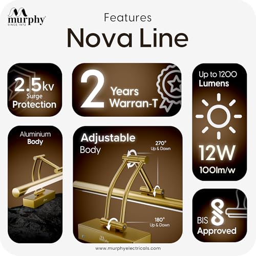 Image of Murphy NovaLine 12W Golden Mirror Light | 3-in-1 Color Changing | Aluminium Body | Wall Mount Vanity Light for Bathroom & Dressing Table (2-Year Warranty)-Pack of 2