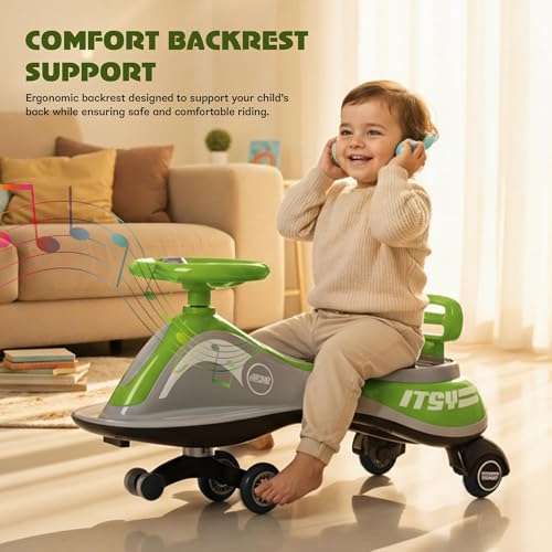 Image of Baybee Pluto Baby Swing Cars for Kids | Twister Ride on Baby Car with Led Lights, Music & Scratch Free PP Wheels | Push Ride on Toy Kid Car | Magic Cars for Kids 3 to 8 Years Boy Girl (Green)