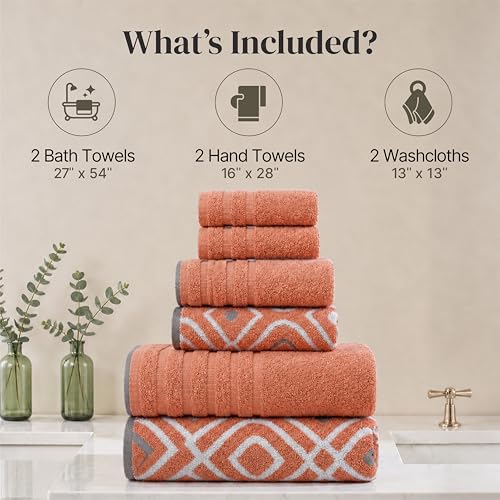 Image of Modern Threads 6 Piece Bath Towel Set - Bathroom Set with 2 Bath Towels, 2 Hand Towels, and 2 Wash Cloths - 100% Cotton, Super Absorbent & Extra Soft - Reversible Classic Diamond (Rust Orange)