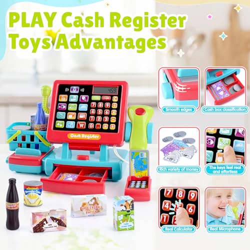 Image of PLAY Kids Cash Register Toy Supermarket with Register Pretend Play Calculator Register Toys with Scanner /Microphone /Credit Card /Conveyors /Cans /Drink /Play Money, Cash Register for Kids Ages 3+