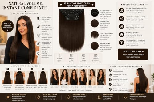 Image of Salon-Grade Clip-in Hair Extensions for Women, Imported Synthetic Hair, 6 PCS with 13 Secure Clips, Instant Volume, Natural Blend, Reusable Hair Volumizer (Choco Brown, Straight)