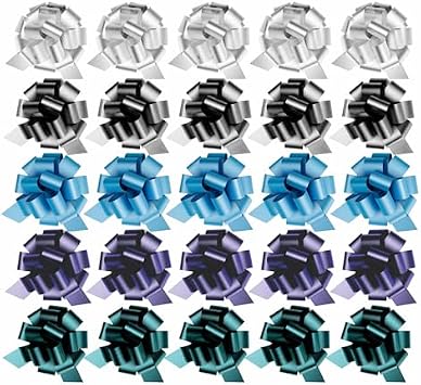 5" Pull String Gift Bows, White Silver Blue Purple Teal, 25-Pack