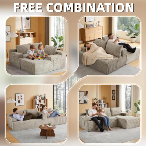 Image of Boneless Couch, Modular Sectional Couches for Living Room, U-Shaped Cloud Couch Sofa with Deep Seat, Fluffy Corduroy Upholstered Corner Sofa