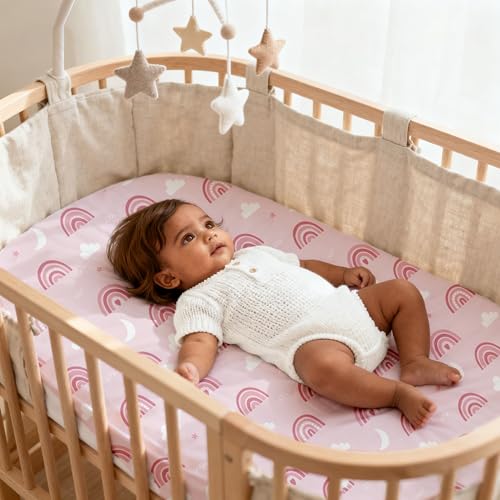 Image of Bassinet Sheets for Baby Girl 32 * 16, 3 Pack Soft Breathable Baby Bassinet Mattress Sheets Fit for Hourglass Oval Cradle, Moses Basket Rectangle Mattress (Rainbow, Pink)