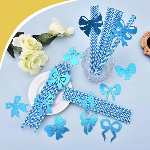 Pitillos de papel azul con moño ecológicos 24 piezas miniatura 2