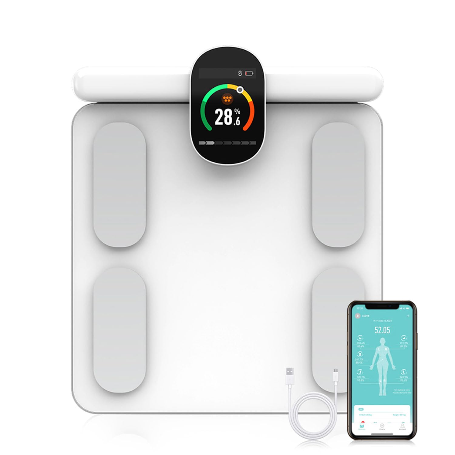 Fitdays Waage für Körpergewicht und Fettanteil, 8 Elektroden, hochpräzise Digitalwaage für BMI 20 Körperzusammensetzung, intelligente Badezimmerwaage mit großem Farbdisplay (FG2305ULB-WHITE)