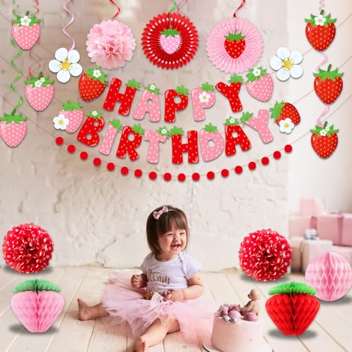 Image of Strawberry Birthday Decorations for Girls, Red Pink White Strawberry Birthday Banner with Tissue Pom Poms Fans Honeycomb Balls Polka Dot Garland and Hanging Swirls Berry Hanging Decor Centerpieces