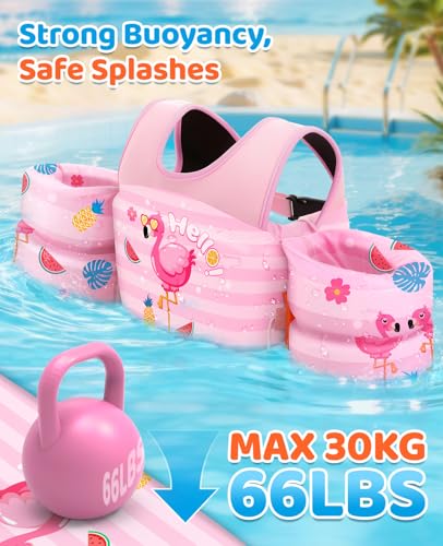 HeySplash Swim Vest for Kids, Toddler Pool Floaties Fit 33-66 Lbs, Children Swimming Vest with Adjustable Strap, Swim Jacket Water Wing Arm Float, Puddle Beach Boat Jumper Boy Girl, Pink Flamingo — view 3