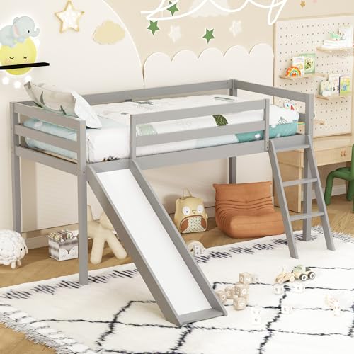 Xilingol Low Loft Bed with Slide, Wood Twin Bed Frame with Climbing Ladder for Toddler Kids (Grey)