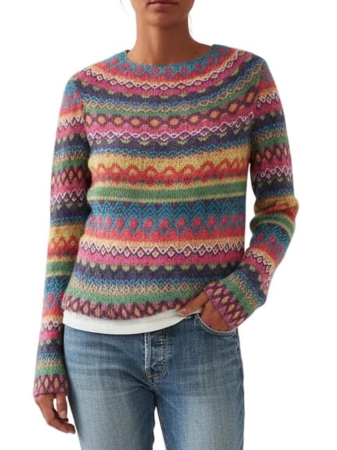 Womens Fair Isle Striped Long Sleeve Crewneck Sweaters Warm Casual Knit Tops Icelandic Nordic Vintage Boho Pullover for