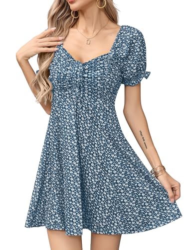 Image of Missufe Women's Puff Short Sleeve Drawstring Ruched Front Fit and Flare Floral Summer Casual Short Dress