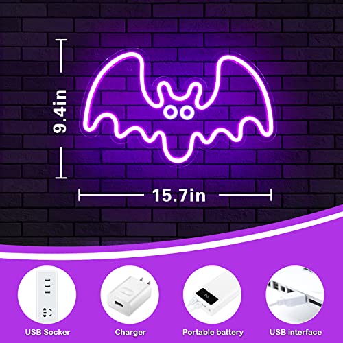Image of Halloween Neon Sign - Purple Bat LED Neon Sign with Dimmer 15.7x9.4 Inch, USB Powered Halloween Vampire Neon Lights for Wall Decor, Bedroom, Party, Room, Holiday, Kids Gift