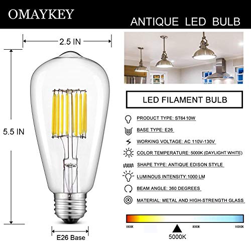 OMAYKEY 10W 5000K LED Edison Bulb (100W Equivalent) Daylight White Glow 1000 Lumens, E26 Base Vintage Edison ST64 Clear Glass LED Filament Light Bulbs, Non-dimmable, Pack of 3 - Thumbnail 2