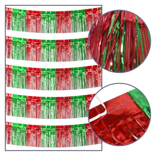 Image of Christmas Decorations - 5 Pack 10 Feet Red Green Foil Fringe Garland Tinsel Parade Float Fringe for Trailer Car Birthday Party Decoration Hanging Backdrop Banner Table Skirts
