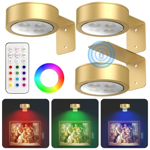 La Mejor Selección de Iluminación para cuadros y expositores favoritos de las personas. 44 HORKEY Lámpara para Cuadros Paquete de 3, 13 RGB Color Led Magnético para Cuadros de Arte, Lámpara de Pintura Inalámbrica con Mando a Distancia, Decoración de Pared para...