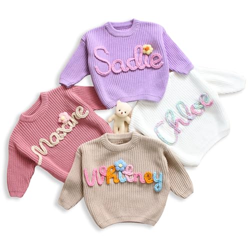 UrbanNEST Custom Baby Name Sweater, Personalized Hand Embroidered Name Baby Sweater, Unique Baby Sweater, Custom Name Baby Boy Baby Girl Toddler Gift for Birthday, Medium
